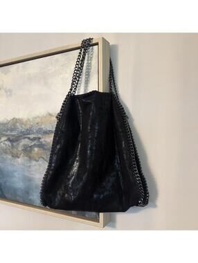 Vegan Tote ‘shaggy deer’ Shiny Material  Diamond Cut Triple Strand Metal Straps